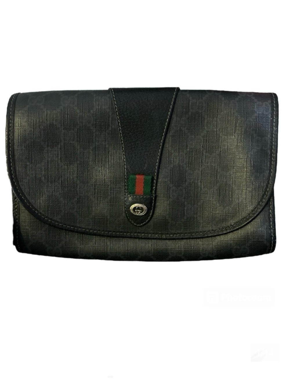 Vintage Gucci Sherry Line Black Coated Canvas GG Logo Print Pouch Clutch Bag